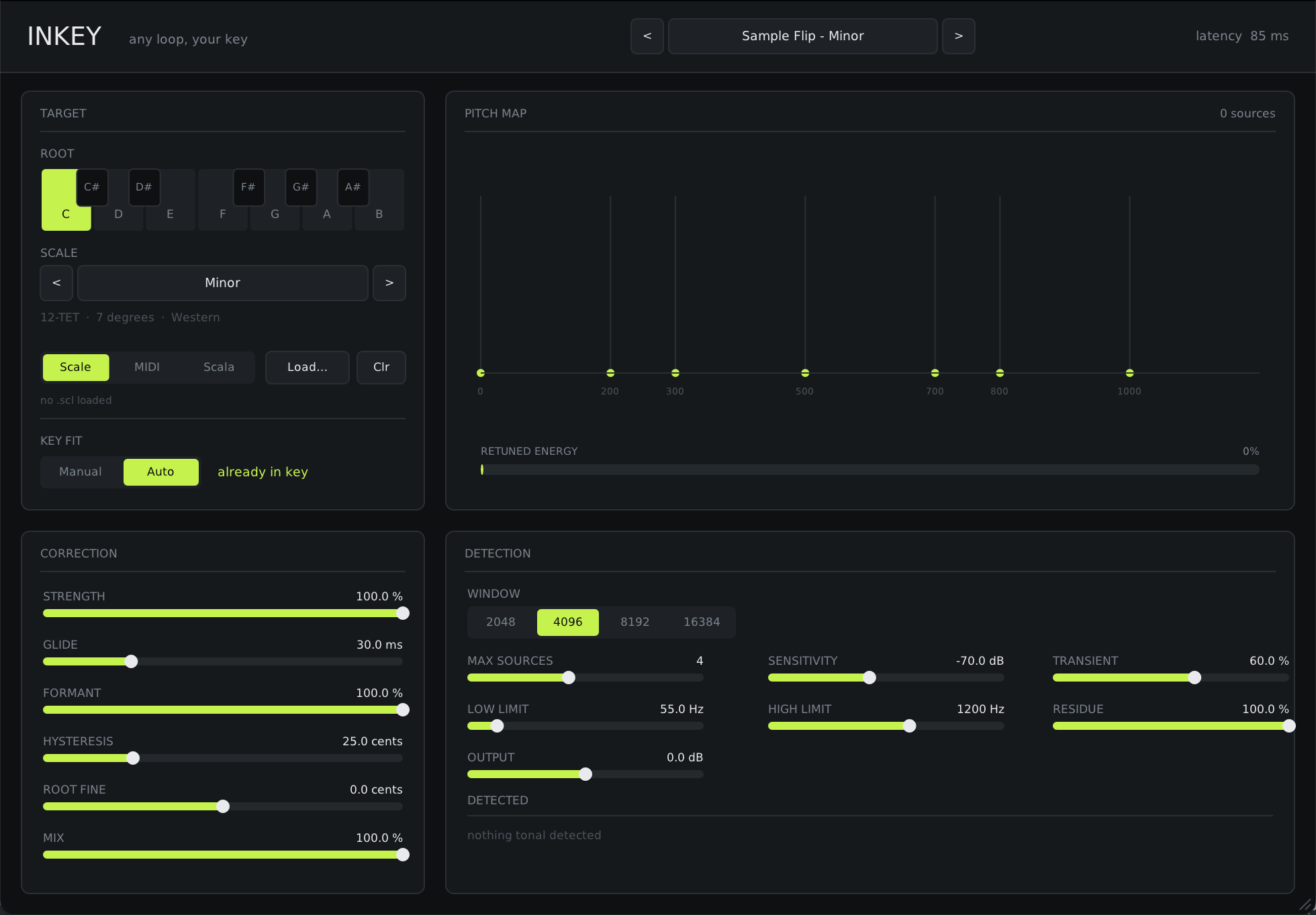 The Inkey interface: root and scale selection with Scala import on the left, a live pitch map of detected sources in the centre, and correction and detection controls below.