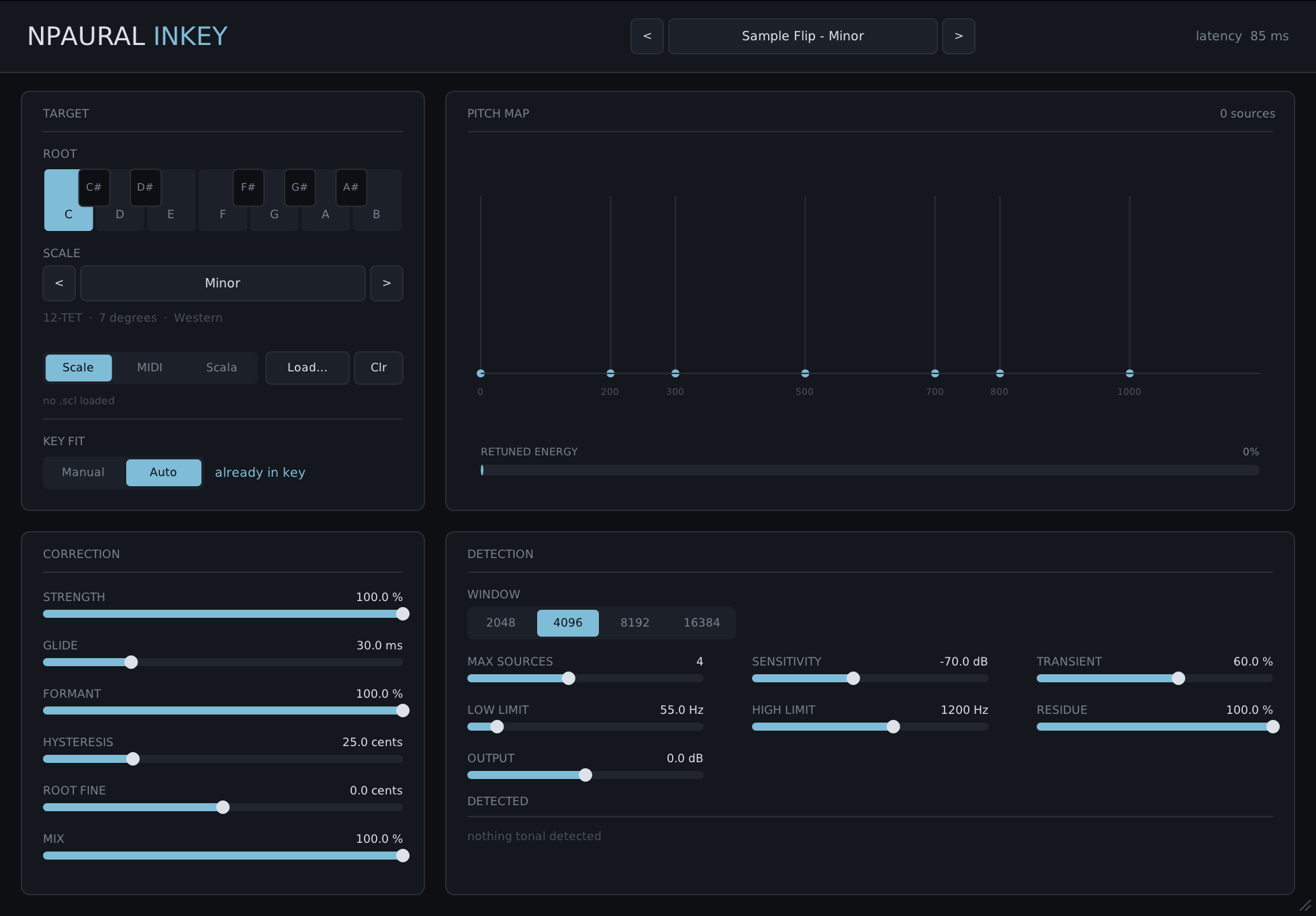 The Inkey editor: target root, scale and Scala import on the left, a live pitch map with retuned energy on the right, correction and detection controls along the bottom.