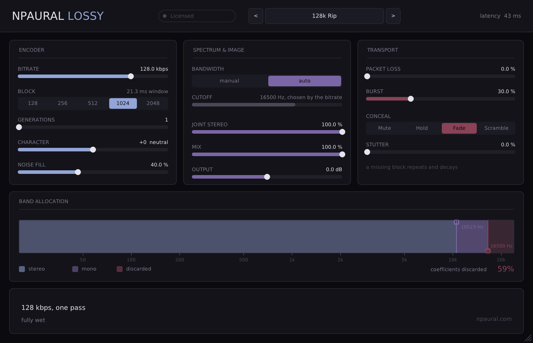 The Lossy editor: encoder, spectrum and image, and transport panels above a band-allocation strip showing which frequencies are kept in stereo, flattened to mono, or discarded.