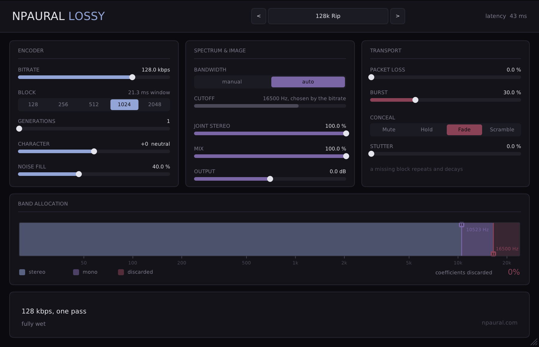 The Lossy editor: encoder, spectrum and image, and transport panels above a band-allocation strip showing which frequencies are kept in stereo, flattened to mono, or discarded.